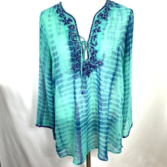 Soft Surrounding Womens Tunic Sz M Teal/Blue Sheer Beaded Embellished Boho - Picture 1 of 7